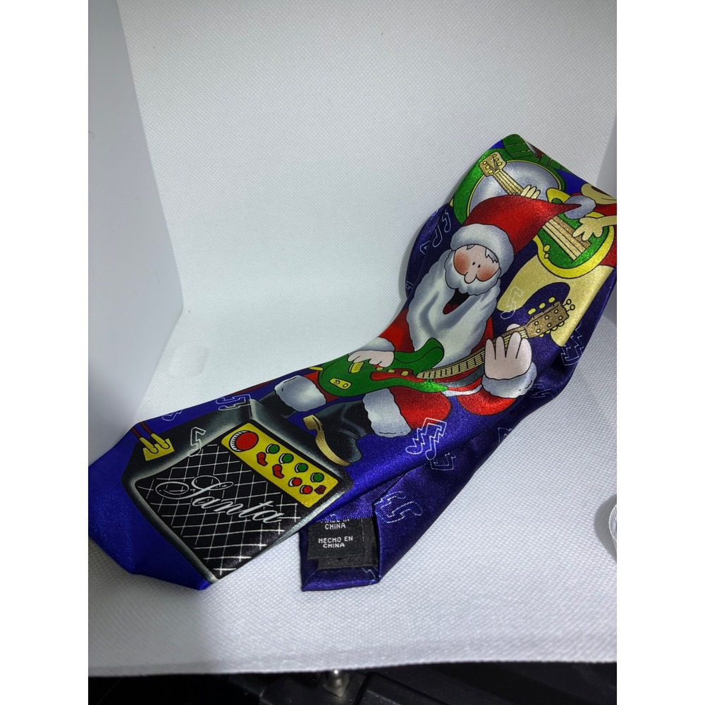 Noel Mens Christmas Tie Blue Rocking Santa Guitar Reindeer Musical Notes Holiday